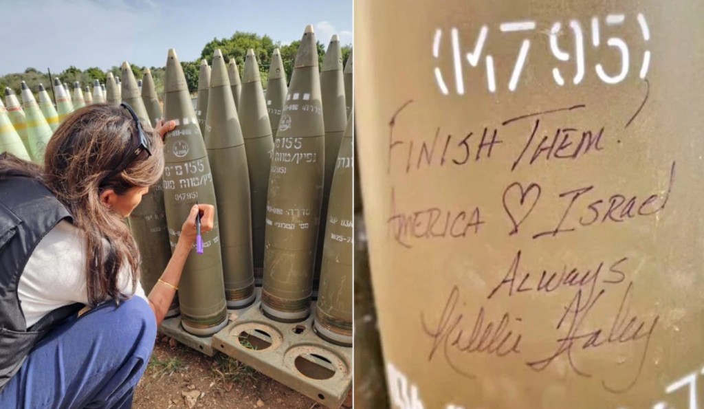 نيكي هالي توقّع إسمها على أحد الصواريخ في موقع للجيش الإسرائيلي في شمال فلسطين المحتلة مع عبارة: أقضواعليهم - 28 أيار/مايو 2024. 
